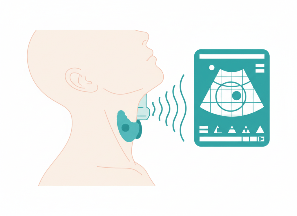 Ilustração de ultrassom de tireoide com nódulo e grade de pontuação TI-RADS