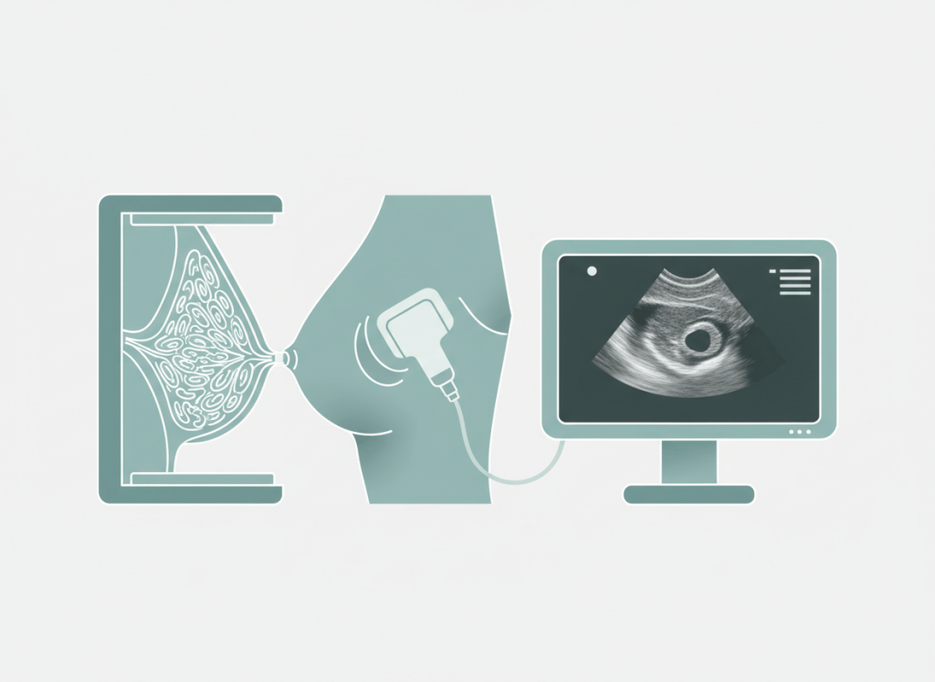 Ilustração de ultrassom de mama de rastreamento complementar à mamografia em mama densa