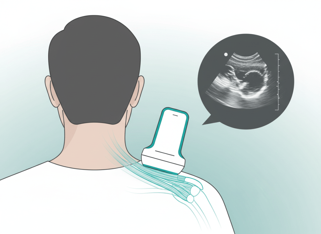 Ultrassom de ombro com transdutor sobre o manguito rotador e imagem do tendão na tela