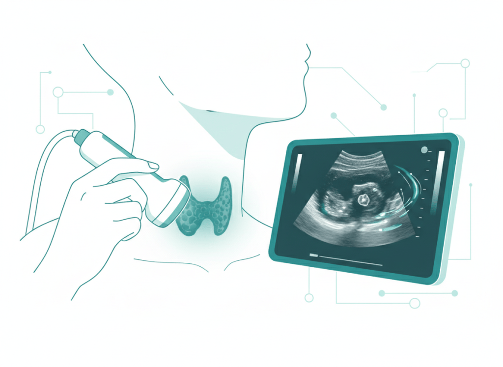 Ultrassom de tireoide com transdutor no pescoço e imagem de nódulo na tela