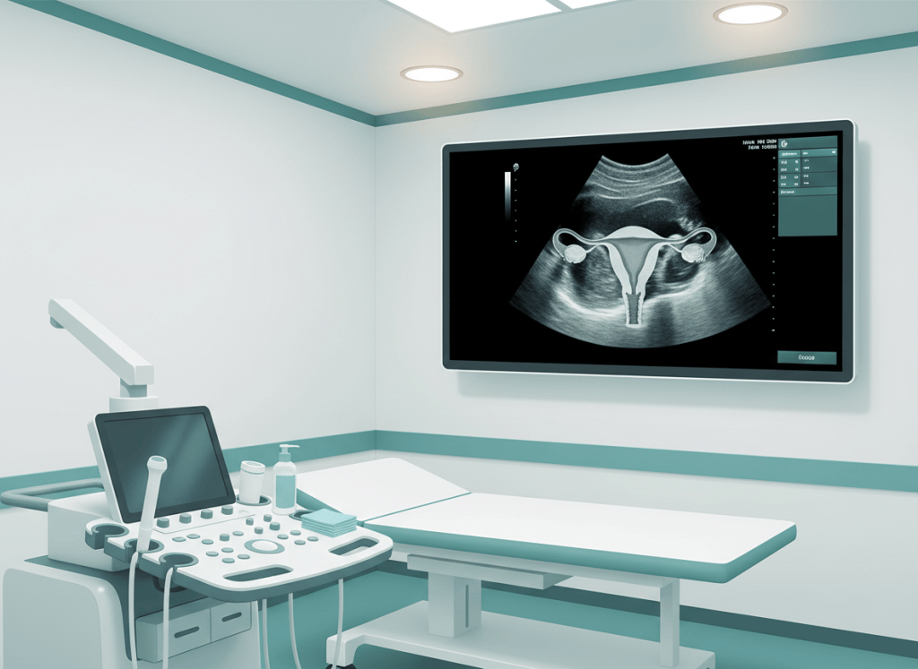 Sala de ultrassom ginecológico com aparelho mostrando imagem do útero
