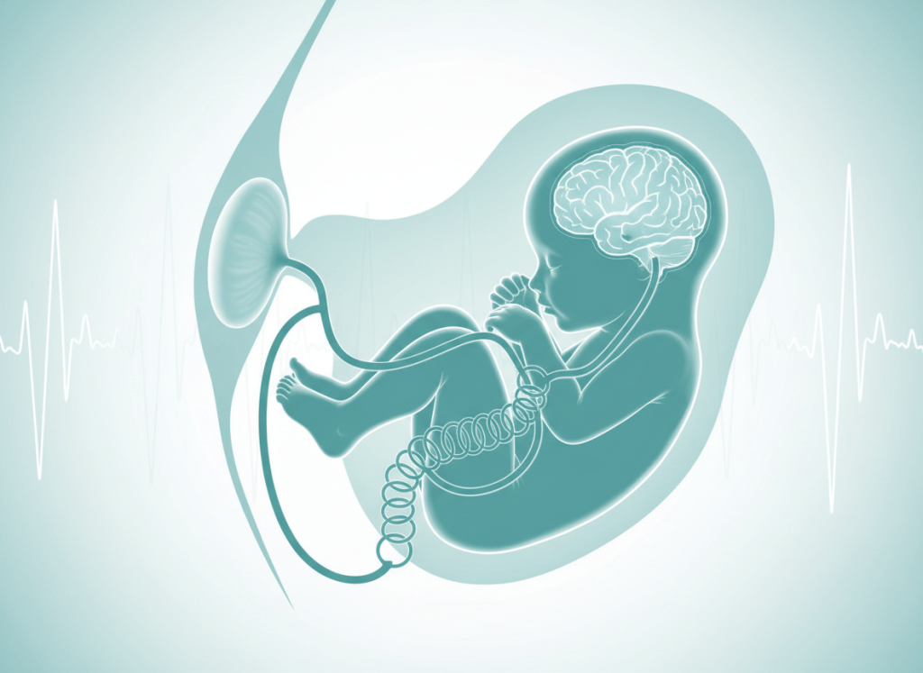Ilustração de feto no útero com fluxo sanguíneo destacado no cérebro, cordão umbilical e placenta, representando a centralização fetal no Doppler