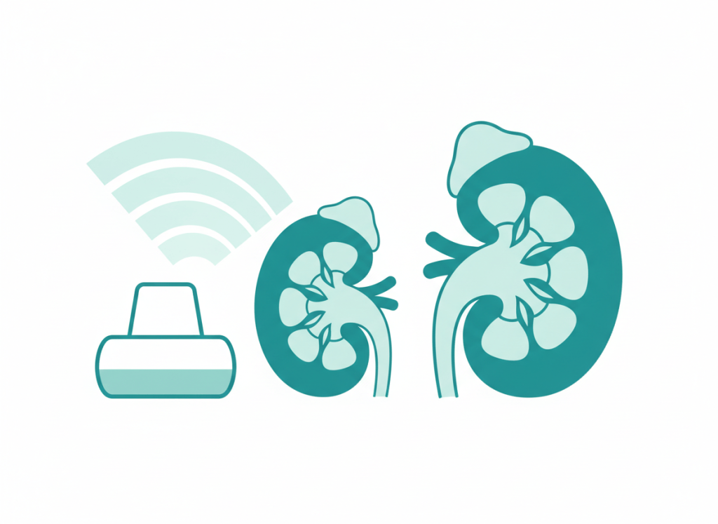 Ilustração de rim fetal com pelve renal e cálices discretamente dilatados ao lado de um transdutor de ultrassom, em tons de verde-azulado e branco