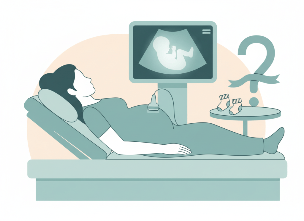 Ilustração de gestante fazendo ultrassom, com o monitor mostrando o bebê, em tons de verde-azulado e branco