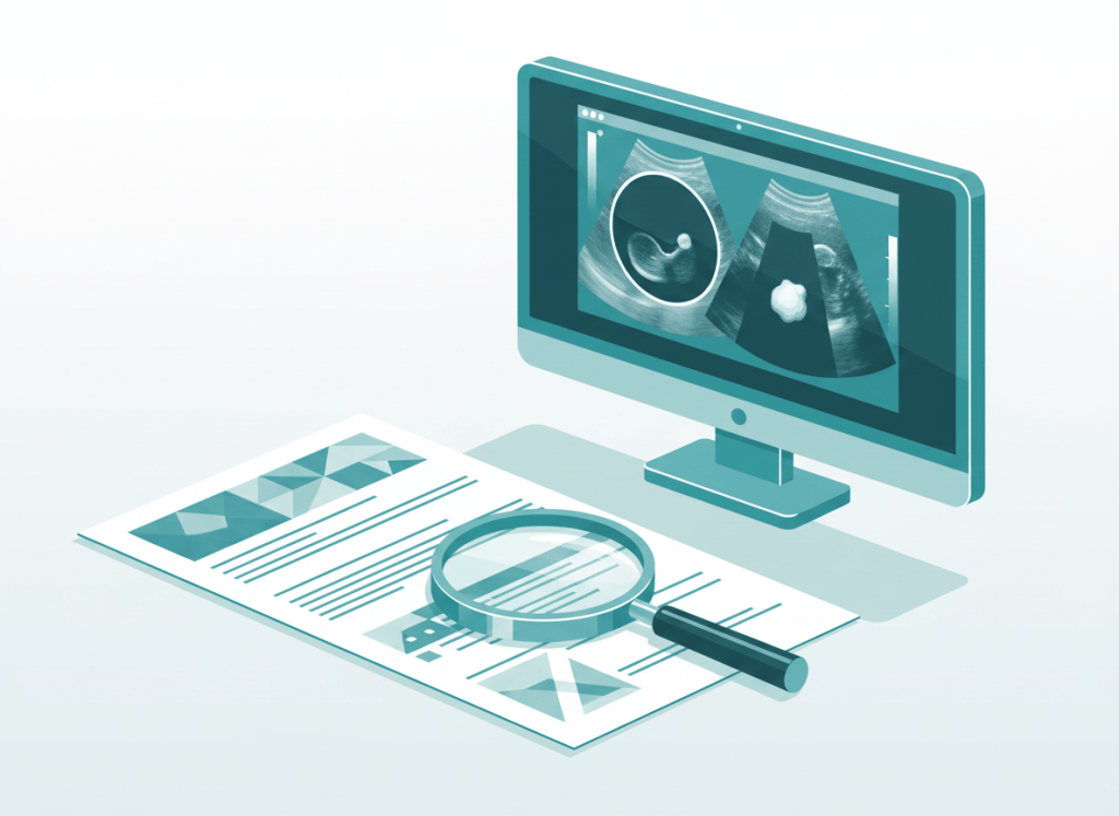Ilustração de um laudo de ultrassom ao lado de um monitor com imagens de um cisto escuro e de um cálculo com sombra, com uma lupa sobre o laudo