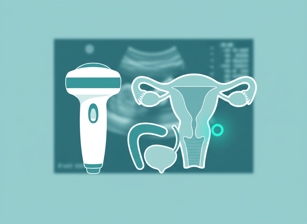 Ilustração da pelve feminina com útero, ovários, bexiga e reto e um transdutor de ultrassom transvaginal, representando o mapeamento da endometriose profunda