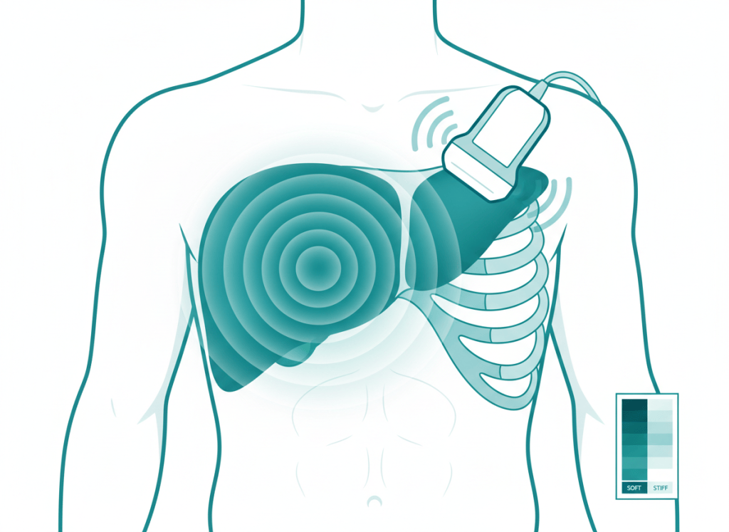 Ilustração de elastografia hepática por ultrassom com ondas de cisalhamento atravessando o fígado
