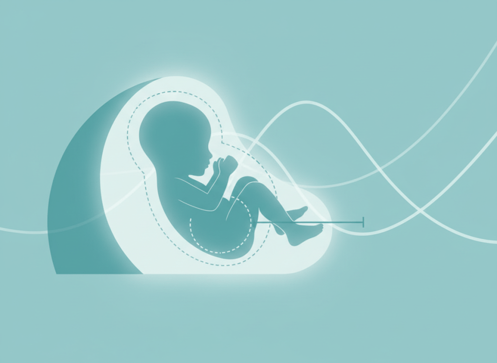 Ilustração de biometria fetal no ultrassom com medidas da cabeça, do abdome e do fêmur usadas na fórmula de Hadlock
