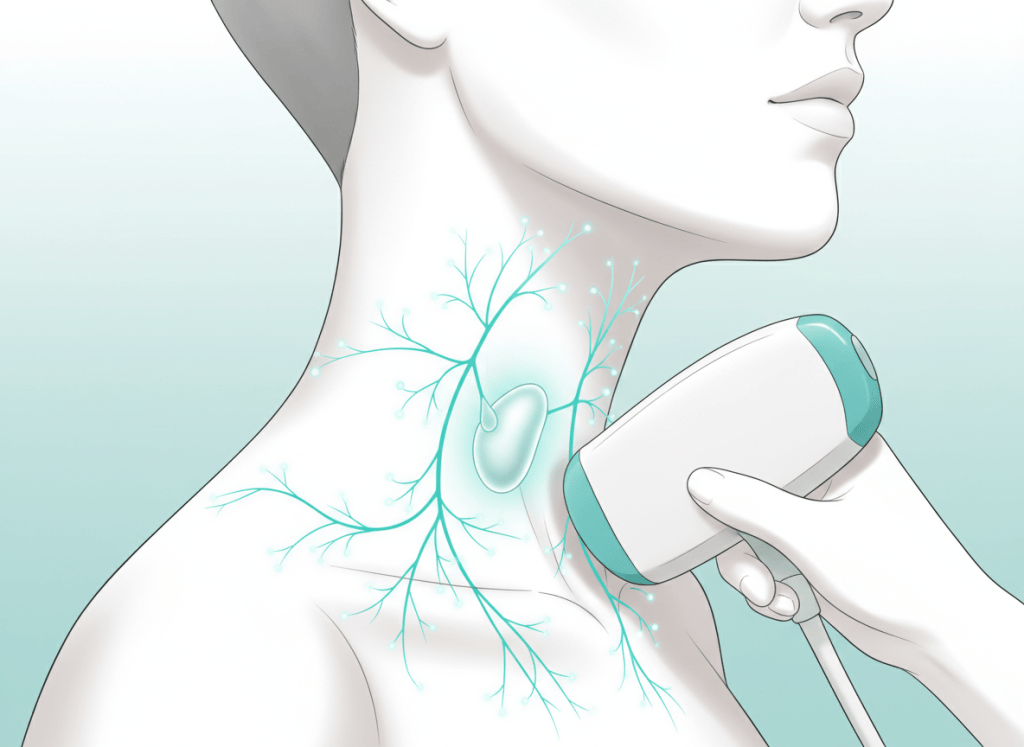 Ilustração de exame de ultrassom do pescoço com destaque para um linfonodo
