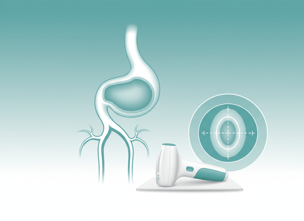 Ilustração da aorta abdominal com aneurisma infrarrenal e transdutor de ultrassom medindo o diâmetro
