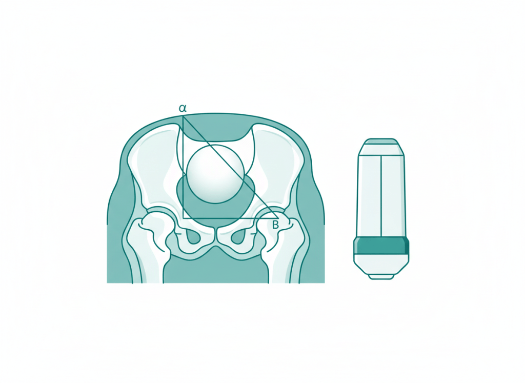 Ilustração do quadril de um bebê em corte coronal, com a cabeça do fêmur no acetábulo e linhas de ângulo sobre o teto ósseo, ao lado de um transdutor linear