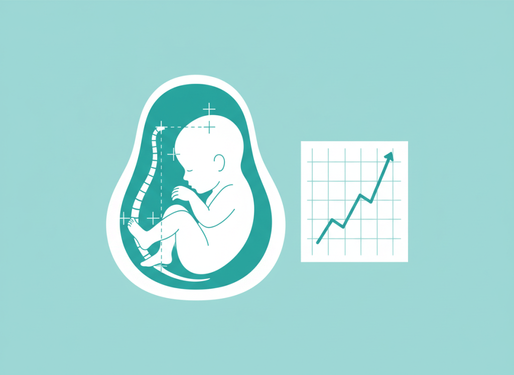 Ilustração de ultrassom obstétrico com medidas do bebê e curva de crescimento fetal