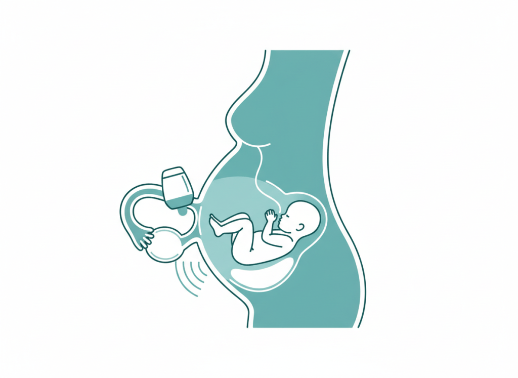 Ilustração de útero gestante em corte mostrando a placenta próxima ao colo do útero e um transdutor de ultrassom