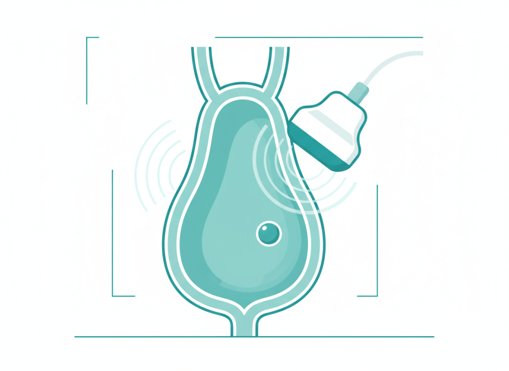 Ilustração da vesícula biliar com um pequeno pólipo na parede e transdutor de ultrassom