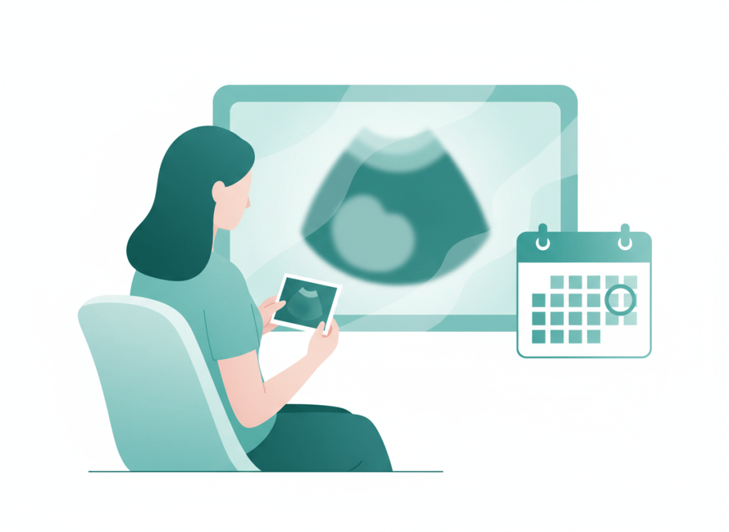 Ilustração de mulher de costas segurando o resultado de um ultrassom do início da gravidez, com tela de ultrassom e calendário ao fundo