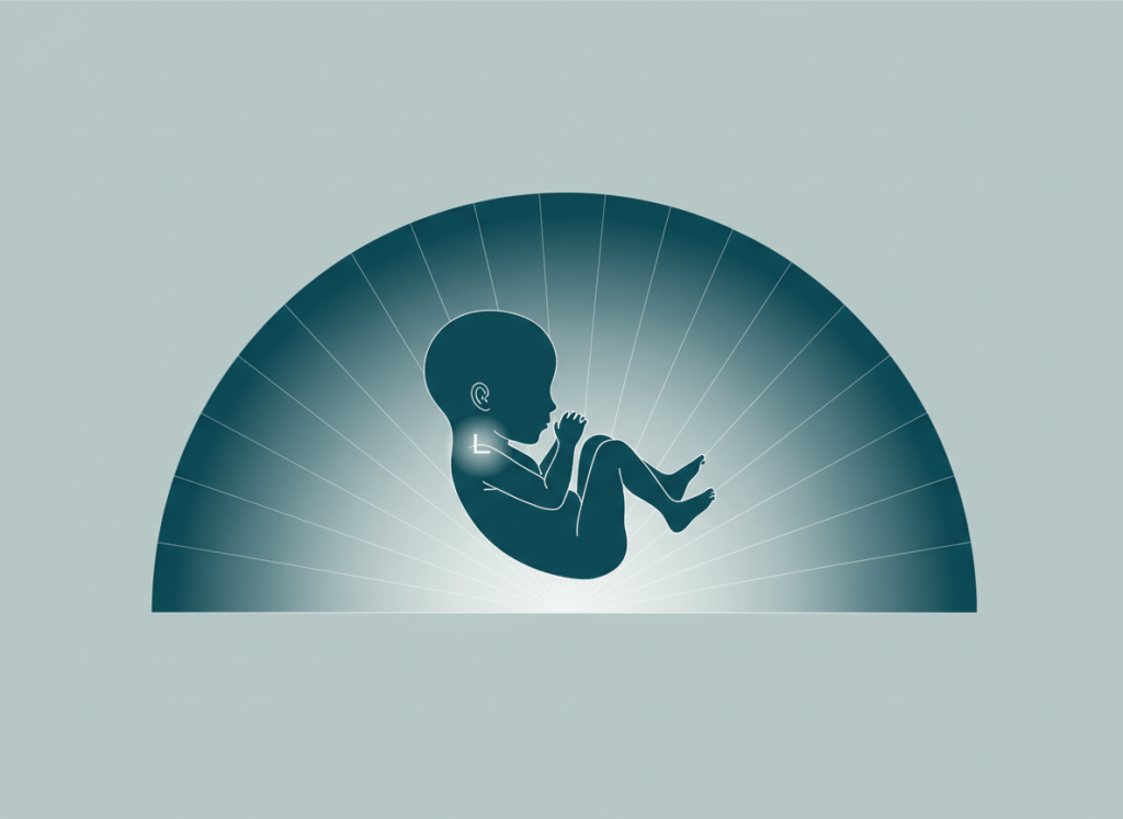 Ilustração de ultrassom de primeiro trimestre com feto em perfil e destaque para a medida da translucência nucal