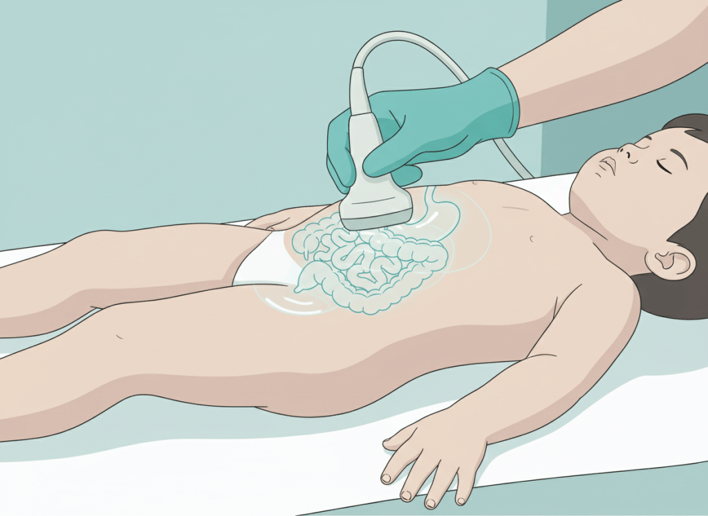 Ilustração de ultrassom de abdome em criança, com o transdutor sobre a barriga e o contorno do intestino e do estômago