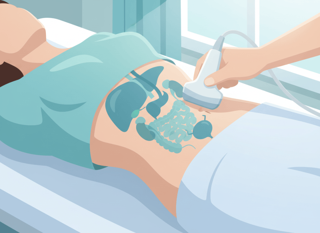 Transdutor de ultrassom sobre o abdome com ilustração dos órgãos abdominais