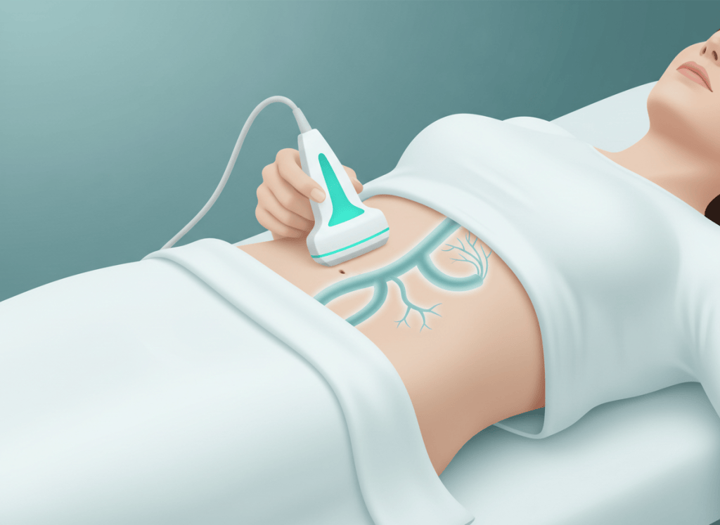 Ilustração de ultrassom de aorta abdominal com transdutor sobre o abdome e a aorta em destaque