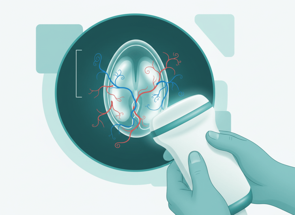 Ilustração de transdutor linear e imagem de ultrassom com Doppler da bolsa escrotal em tons de verde-azulado