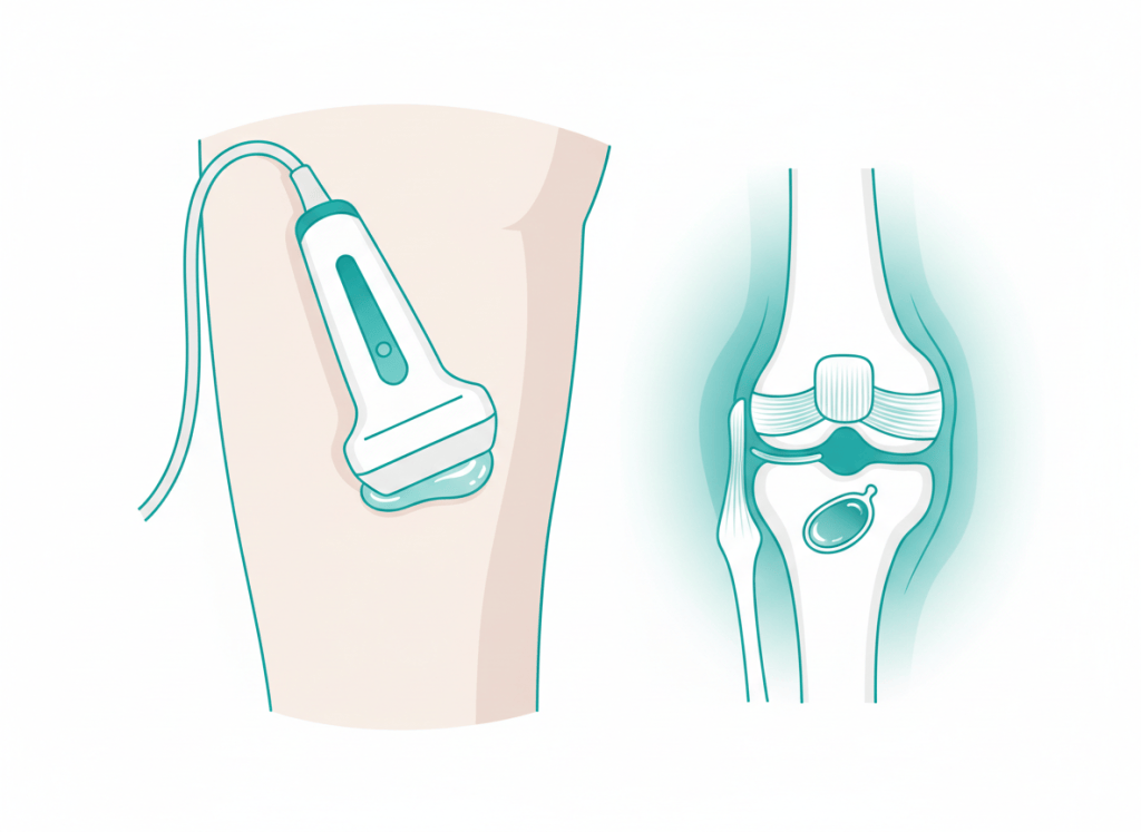 Ilustração de ultrassom de joelho com transdutor na parte posterior do joelho e anatomia de tendões e cisto de Baker