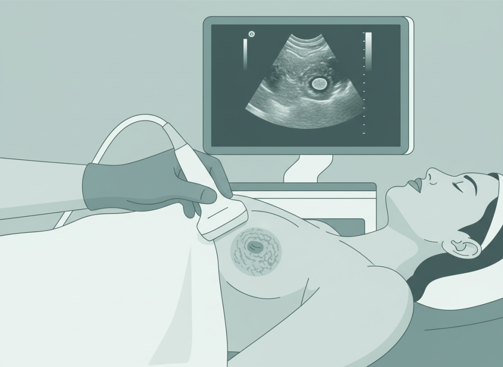 Ilustração de ultrassom de mama com transdutor sobre a mama e monitor mostrando um pequeno nódulo