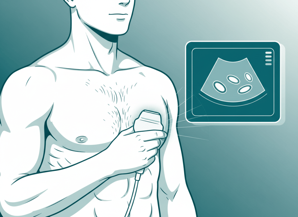 Ilustração de ultrassom de mama masculina com transdutor linear sobre o tórax