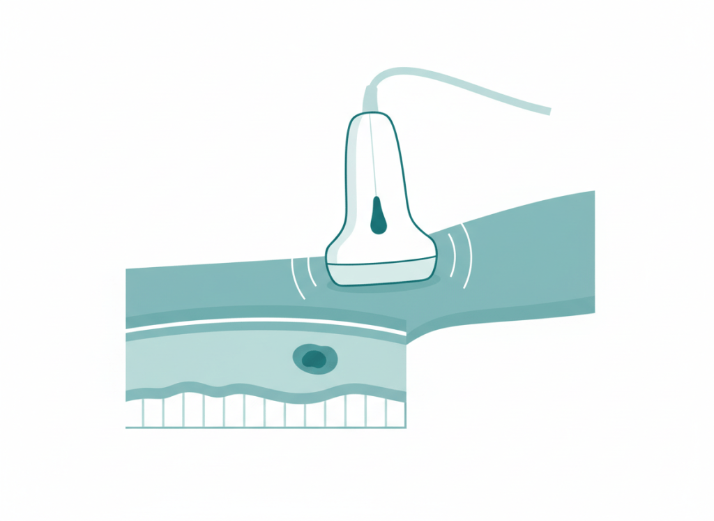 Ilustração de transdutor linear de ultrassom sobre a pele mostrando as camadas de partes moles com um pequeno nódulo no subcutâneo