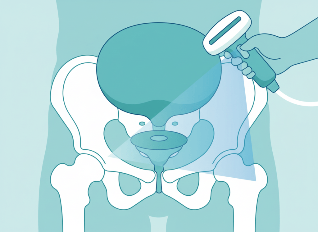 Ilustração da bexiga e da próstata com transdutor de ultrassom sobre a região suprapúbica