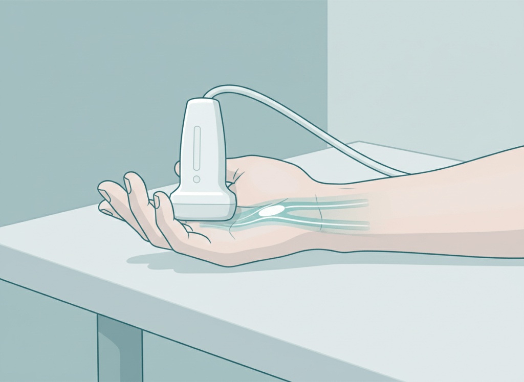 Ilustração de ultrassom de punho com transdutor sobre a face palmar e o nervo mediano no túnel do carpo