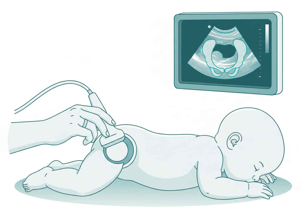 Ilustração de ultrassom de quadril em bebê deitado de lado, com transdutor na lateral do quadril