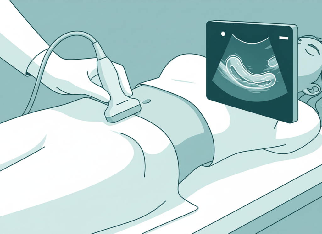 Ilustração de ultrassom na fossa ilíaca direita para investigar apendicite