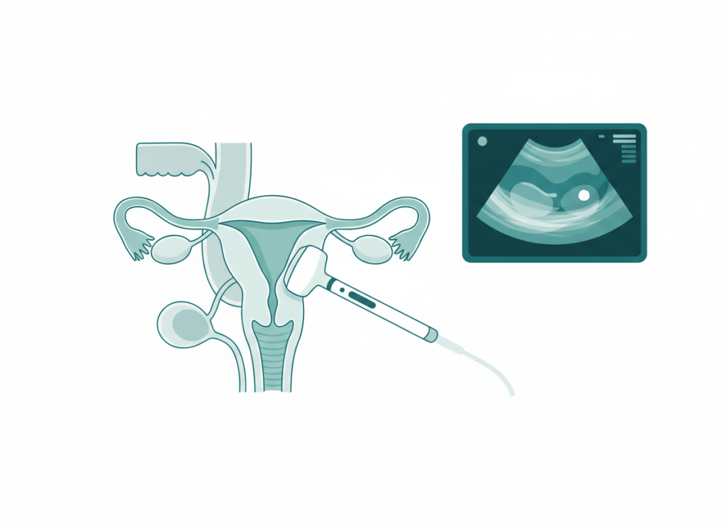 Ilustração da pelve feminina com útero, ovários e reto ao lado de um aparelho de ultrassom transvaginal