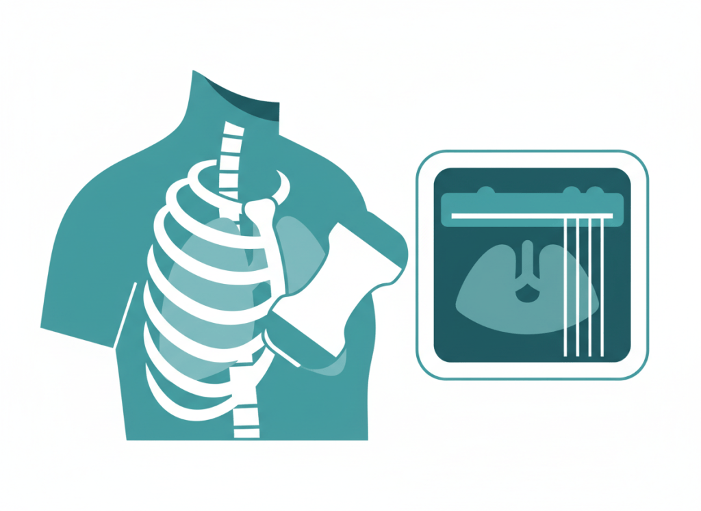 Ilustração de ultrassom pulmonar com transdutor entre as costelas e tela mostrando a linha pleural e linhas B