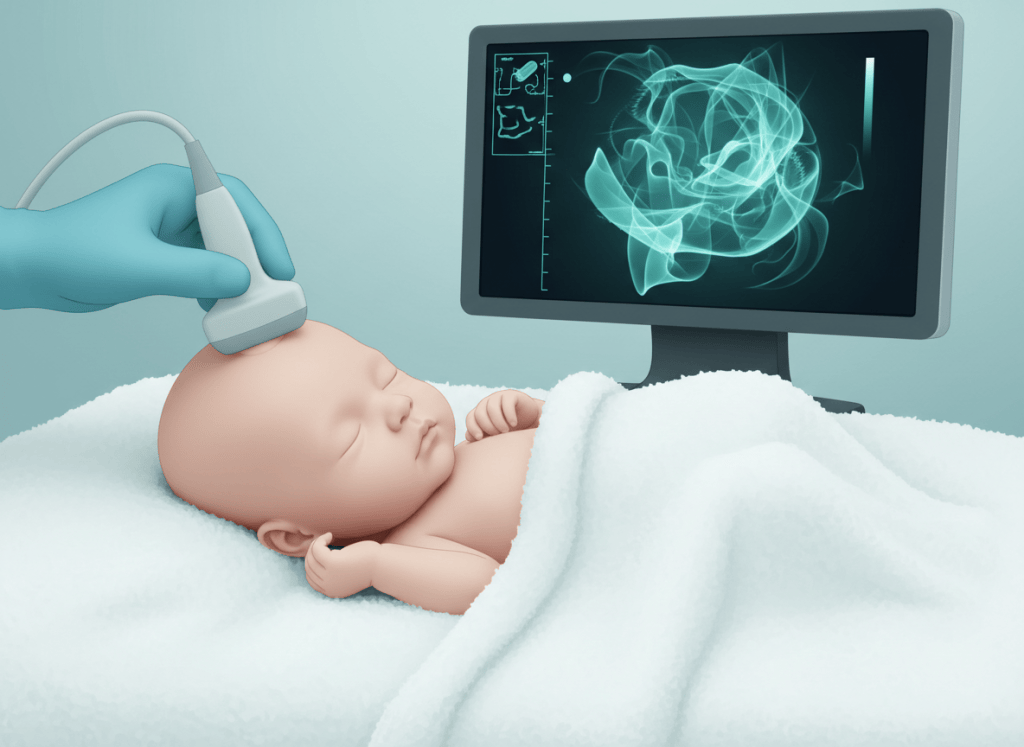 Ilustração de bebê recém-nascido fazendo ultrassom transfontanelar, com o transdutor apoiado suavemente sobre a moleira