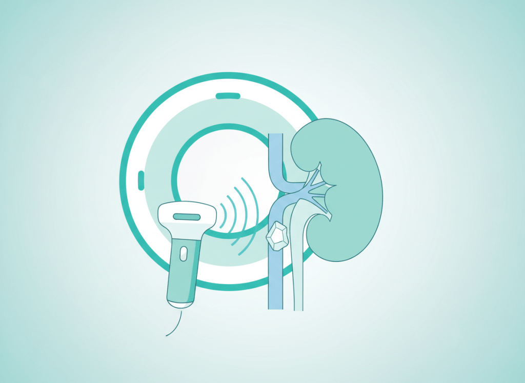 Ilustração de rim e ureter com cálculo, transdutor de ultrassom e tomógrafo ao fundo