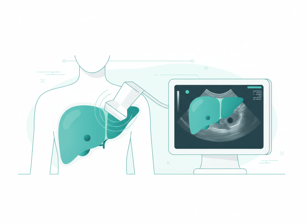 Ilustração de ultrassom de fígado para vigilância de carcinoma hepatocelular, com fígado estilizado, nódulo e transdutor